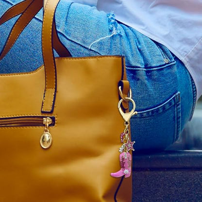 Madison Tyler Western Cowboy Boots Cherry Bow Bubble Tea Strawberry Cute Keychain | Bag Charms for Handbags Purse Charms - color: Pink Boots