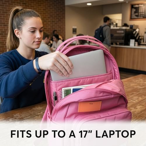 Xach Casual and Affordable Everyday Backpack for Women - Lightweight 20 liters capacity with 17” Laptop Sleeve, Unique Note Pad Design, Luggage Sleeve (Pink) - color: Pink
