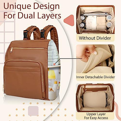Omanmoli Diaper Bag Backpack Leather Large Baby Diaper Bag Essentials With 18 Organizing Pockets,6 Insulated Pockets,USB Charging Port,Stroller Straps,Changing Pad (Brown) - color: Brown