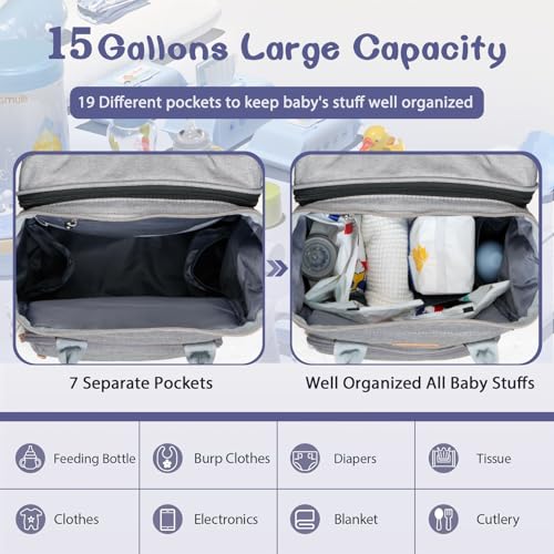 JOYCE Diaper Bag Backpack with Changing Pad, Water-Resistant, Grey | Portable changinag pad, insulated bottle pockets, stroller straps, pacifier case, Multi-Compartment storage - color: Grey