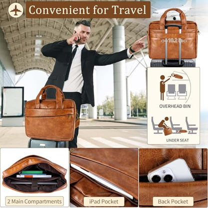 Faux Leather Messenger Bag for Men 17.3 Inch: Laptop Bag Briefcase Computer Handbags Shoulder Crossbody Bag with Padded Laptop Sleeve for Work College Travel, PU Brown - color: Pu Brown