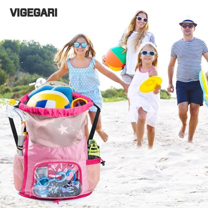 Mesh Drawstring Backpack with Shoe Compartment, Sandproof Beach Swim Bag with Wet Pocket, Pool Gym Shower Bag for Travel Summer Camp - color: Pink, style: Style a