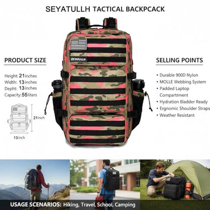 Military Tactical Backpack 55L for Men & Women Bug Out Bag Assault pack Molle Daypack Hiking Trekking Rucksack (Pink camouflage) - color: Pink Camouflage