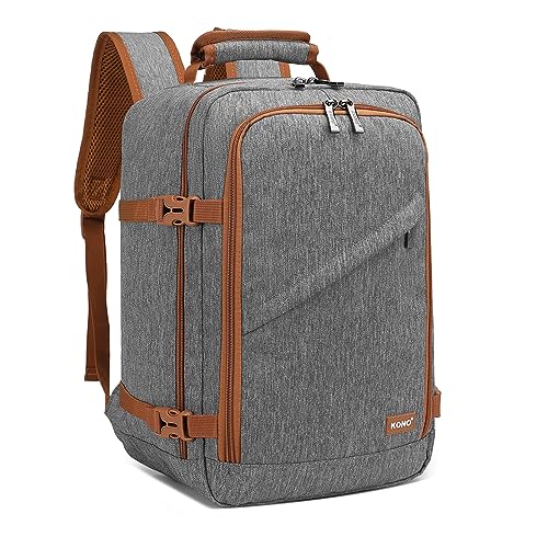 Kono Carry on Backpack, 16" Airplane Approved Under Seat Travel Backpack for Men and Women, Waterproof Lightweight Daypack for Flight 20L (Grey/Brown, Small) - color: Grey/Brown, size: 16-inch 20L