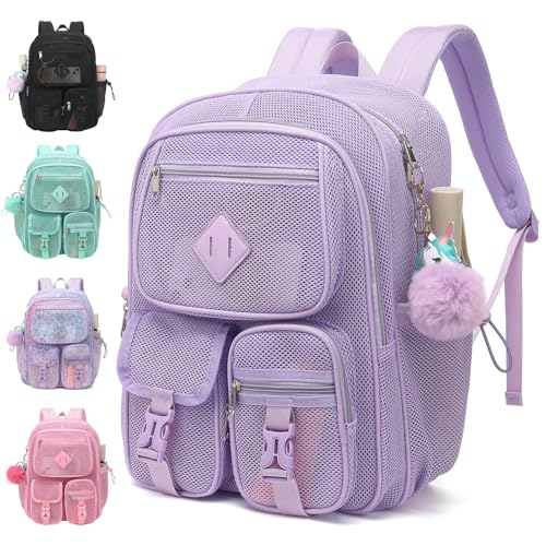 Mesh Backpack for Girls Boys, Heavy Duty Semi-Transparent Mesh Bookbag Womens Mens Mesh Backpacks for School, Sports, Beach, Swimming, Travel Purple - color: Purple