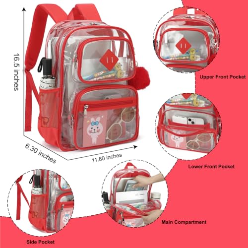 Heavy Duty Clear Backpack for Girls Boys Transparent School Bookbag Kids Durable PVC See Through Backpack-Red - color: Red