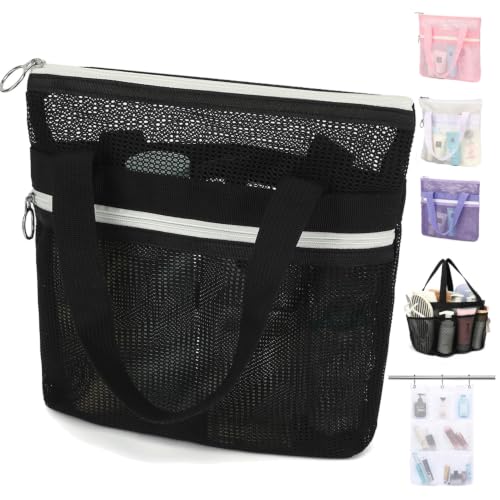 GYEUKHAM Mesh Shower Bag with 2 Zipper Pockets & Dual Handles, Quick-Drying Hanging Shower Caddy for College Essentials,Sunscreen,Dorm, Gym, Travel & Camping, Black - color: Small-Black-1 Pack