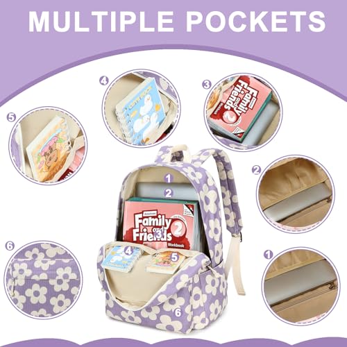 Bluboon School Backpack Set Girls Womens Laptop Bookbag Casual Daypack Fits 15 inch Laptop with Lunch Tote Bag and Pencil Bag - color: Beige Floral / Purple Base