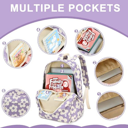 Bluboon School Backpack Set Girls Womens Laptop Bookbag Casual Daypack Fits 15 inch Laptop with Lunch Tote Bag and Pencil Bag - color: Beige Floral / Purple Base