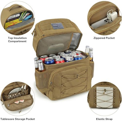Tactical Double Deck Cooler Backpack for Men, Insulated Cooler Bag with 2 Compartment, 36 Cans Soft Military Insulated Lunch Backpack Waterproof Leakproof for Beach, Camping, Picnic, Hiking - color: Brown