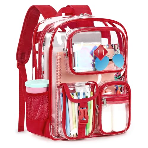 ZORFIN 18.5 Inch Clear Backpack, Large Transparent Bookbag with Reinforced Straps for School College Work - color: Red, size: X-Large