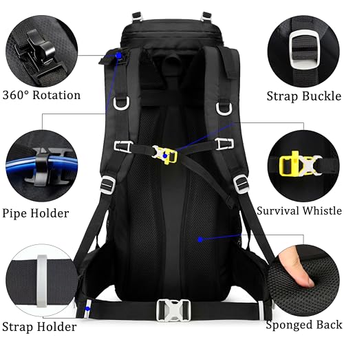 YFREAL 60L Travel Hiking Camping Backpack with Rain Cover,Backpack Water Resistant,Climbing Backpack for Men Women (BLACK) - color: Black