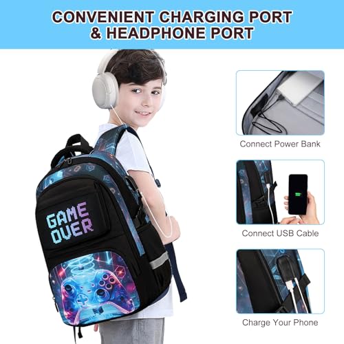 3PCS School Backpack for Boys, Cool Gamer Boys Backpack with Lunch Box and Pencil Case for Kids Kindergarten Teens Elementary Middle School Bag with Convenient Charging Port,Gaming Bookbag Waterproof - color: Sci-fi Realism