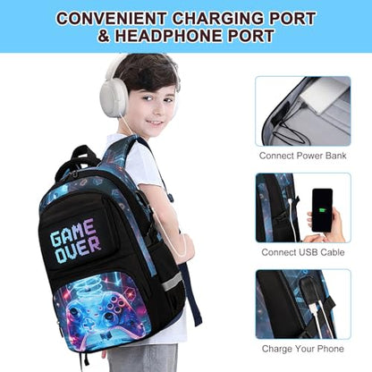 3PCS School Backpack for Boys, Cool Gamer Boys Backpack with Lunch Box and Pencil Case for Kids Kindergarten Teens Elementary Middle School Bag with Convenient Charging Port,Gaming Bookbag Waterproof - color: Sci-fi Realism