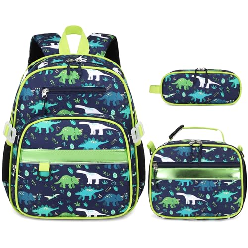3PCS Boys Backpack Ages 5-8 with Lunch Bag & Pencil Case, Toddler School Backpack for Kids Boys - 15inch Backpack Boy Bookbag for Preschool Kindergarten Elementary School - color: Dinosaur