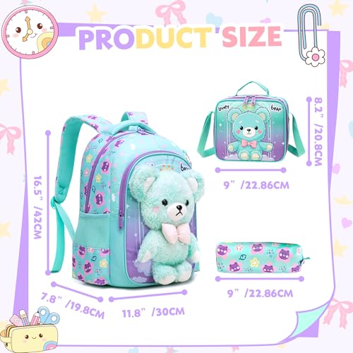 Meetbelify Kids School Backpacks for Girls Boys Backpack with Lunch Bag for Elmentary Students - color: 01 Bear Green