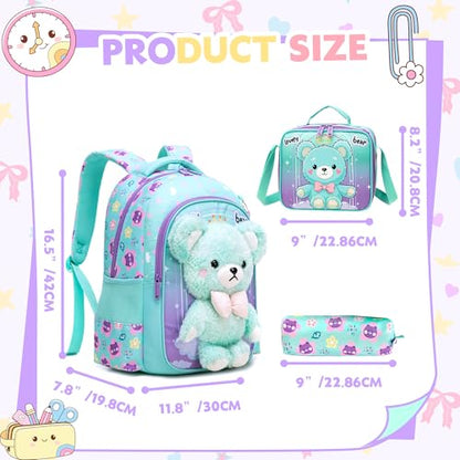 Meetbelify Kids School Backpacks for Girls Boys Backpack with Lunch Bag for Elmentary Students - color: 01 Bear Green