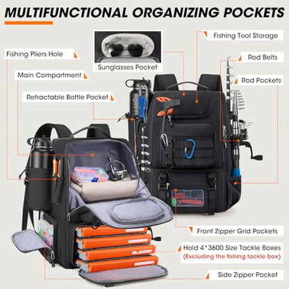 RAINSMORE Fishing Backpack with Rod Holders & Cooler 40L Water Resistant Tackle Backpack with Rain Cover Store Fishing Gear - color: Black