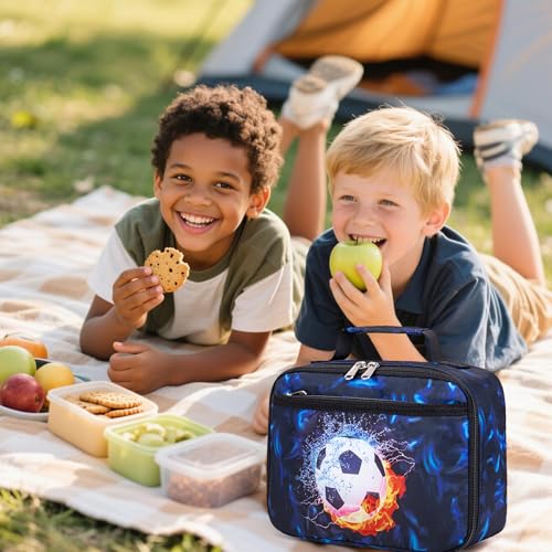 LEDAOU Lunch Box Kids Boys Girls Lunch Bag Insulated Lunch Box Toddler Reusable Lunchbox for School Picnic Hiking (Soccer Blue) - color: Soccer Black Blue