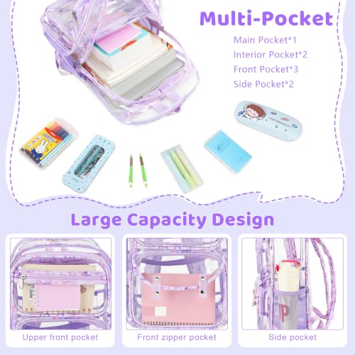ACESAK Clear Backpack for Girls - 3 Pcs Clear Backpack Heavy Duty with Lunch Bag - See Through Bookbag Stadium Approved for Kids Middle High College School(Purple) - color: Purple
