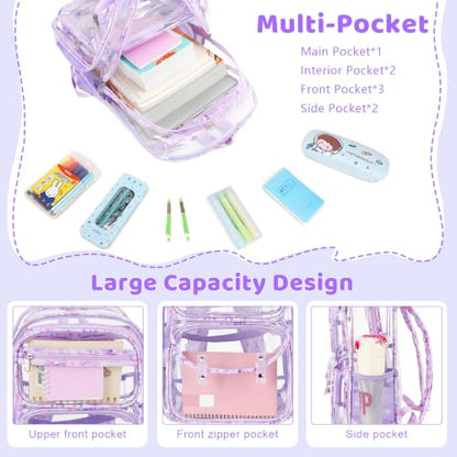 ACESAK Clear Backpack for Girls - 3 Pcs Clear Backpack Heavy Duty with Lunch Bag - See Through Bookbag Stadium Approved for Kids Middle High College School(Purple) - color: Purple