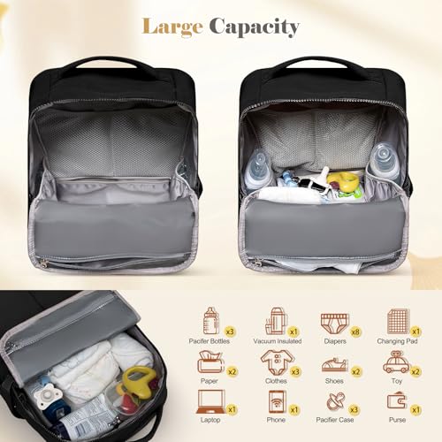 Diaper Bag Backpack with Changing Pad Baby Bag Multi-Function Waterproof Travel Bag Baby Shower Essentials,Pañaleras Para bebe with 15 Pocket,2 Insulated Pockets,Black - color: Black