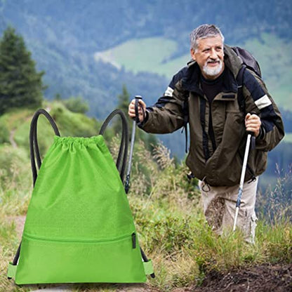 Drawstring Backpack Bag, Waterproof Draw String Back Sack with Zip Pocket, Gym Drawstring Bags Swim Bag for Men Women - color: Green, Upgraded