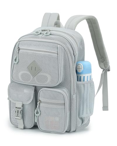Mesh Backpack for Women Girls, Heavy Duty See Through College School Backpacks with Padded Shoulder Straps Large Capacity Bookbag for Beach Hiking Travel Swimming Outdoor Sports - Light Grey - color: Light Grey