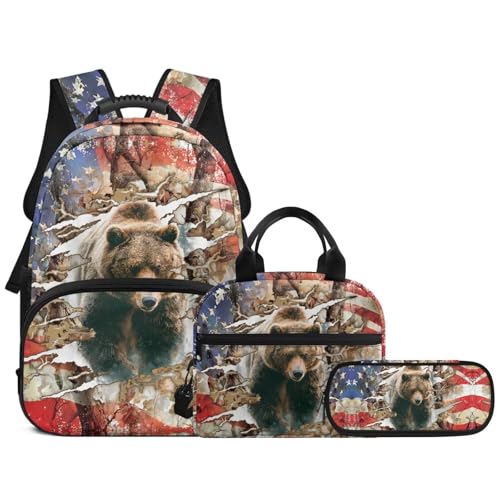 3Pcs Teens Backpack Set 17 Inch Daypack USA Bear 3 in 1 Lager Capacity School Bag with Lunch Bag and Pencil Case - color: Usa Bear