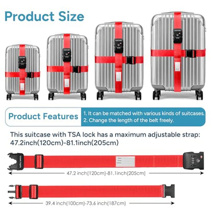 Travel Inspira TSA Lock Luggage Straps for Suitcases | Anti-Burst Protection, High Visibility Color, Easy Identification | Adjustable Heavy-Duty Belt for 20-28 Inch Suitcases - color: Cross Red-New