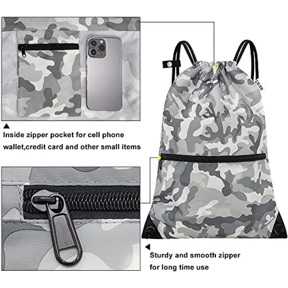 draw string back bag, Large Gym Sports string backpack for men and women with front zipper pocket and inside zipper pocket to keep key or phone (Grey camo) - color: Grey Camo, style: Drawstring With Front Pocket