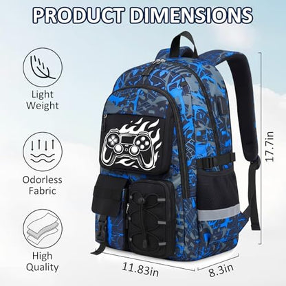 School Backpack for Boys - Gamer Boys Backpacks for Kids Teens Elementary Middle High School,18″ Large Capacity Students Bookbag with Usb Charging Port - color: Game003-only