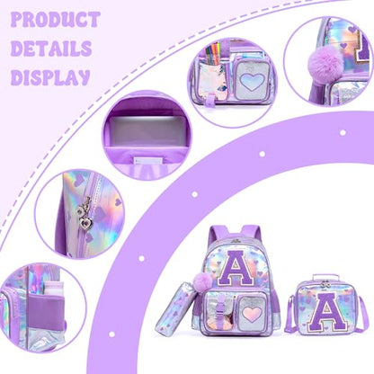 Meetbelify Backpack for Girls Letter Backpacks for Elementary Student Teen Girls Cute School Bag Kids Bookbag for Kids 8-10 - color: Initial a Purple
