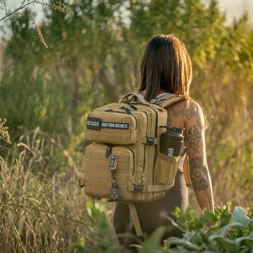 WOLFpak 25L Athletic Gym Backpack (Khaki) Durable 1000D Waterproof Oxford Material with MOLLE Webbing, Laptop Pocket & Dual Cup Holders - color: Khaki