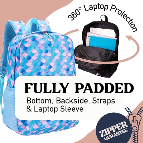 Fenrici Mermaid Backpack for Girls, Teens, Girls' Backpack for School, Kids' Bookbags with Padded Laptop Compartment, Mermaid Scale, Turquoise, Blue, 17 Inch - color: Turquoise Mermaid