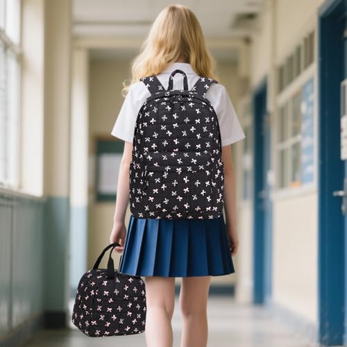 LEDAOU Kids Backpack for Girls Backpacks with Lunch Box, Lightweight Bookbag Set Elementary Middle School Back pack for 8-14 - color: Black Bow