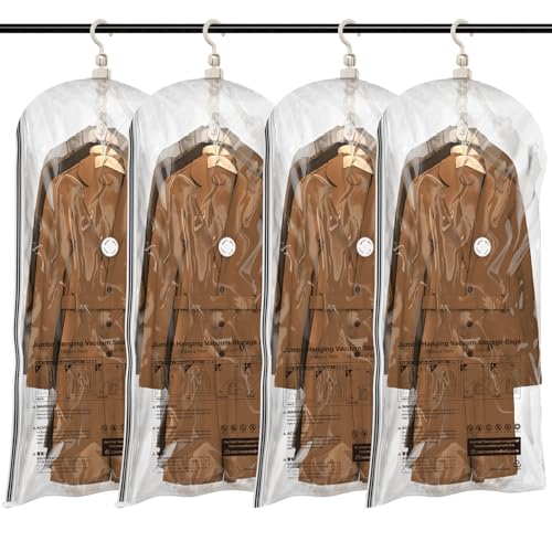 TAILI Hanging Vacuum Sealer Storage Space Saver Bags for Clothes, Suits, Coats or Jackets, 4 Pack Jumbo 53x27.6 Inches, Clear - color: Clear, size: 4 Long