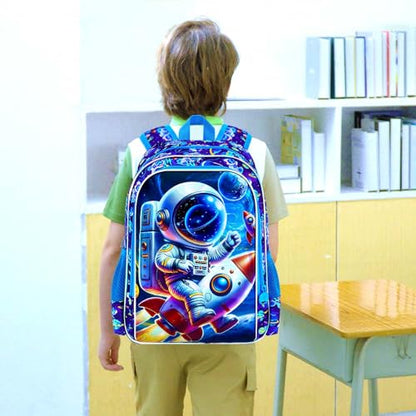16" Space Backpack for Boys, 3Pcs Astronauts Bookbag with Lunch Box, Kids School Backpacks Set for Elementary Preschool Kindergarten (Blue) - color: Astronaut Blue