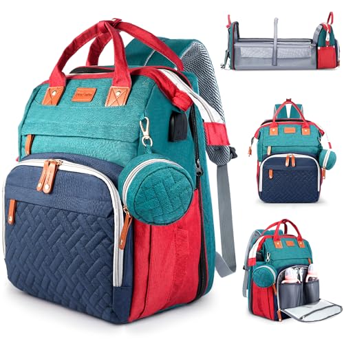 JOYCE Diaper Bag Backpack with Changing Pad, Water-Resistant, Blue-Green | Portable changinag pad, insulated bottle pockets, stroller straps, pacifier case, Multi-Compartment storage - color: Blue-green
