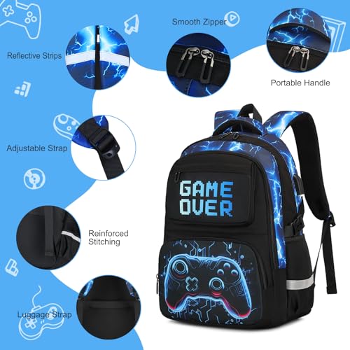 Scothen 3PCS Boys Backpack Set, Cool Backpack for Boys with Lunch Bag & Pencil Case, Kids School Bag Teen Boy Bookbag for Kindergarten Elementary Middle School with USB Charging Port - color: Futuristic Blue Lightning