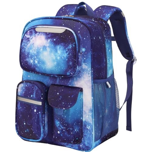 Kids Backpack for Boys - 17 Inch School Bookbag for Grades 3-5 | Elementary Boys Backpack Ages 8-10, Fits Binder Laptop, Reflective Strips, Chest Straps, Comfort Padded S-Straps, Blue Galaxy - color: Blue Galaxy