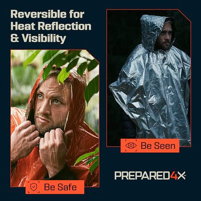 PREPARED4X Emergency Mylar Poncho – Survival Rain Poncho with Hood – Lightweight, Compact, Reusable Emergency Blanket Poncho for Hiking, Camping, Thermal Gear, Car Kit, Outdoors - color: Orange