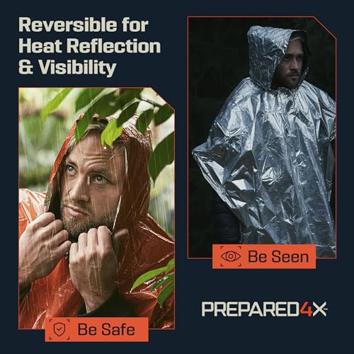 PREPARED4X Emergency Mylar Poncho – Survival Rain Poncho with Hood – Lightweight, Compact, Reusable Emergency Blanket Poncho for Hiking, Camping, Thermal Gear, Car Kit, Outdoors - color: Orange 10-pack