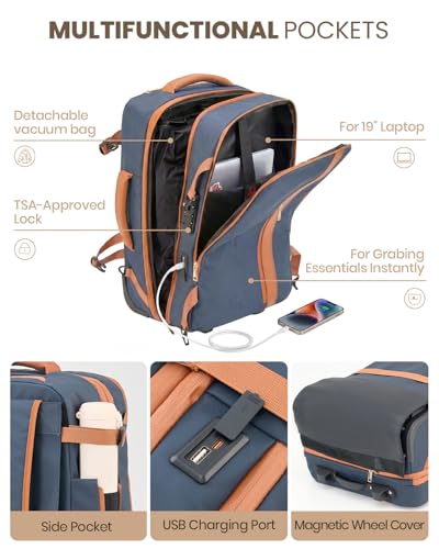 Fanwoli Rolling Vacuum Backpack Travel with One-Button Compression, Expandable Carry-On Suitcase Luggage, Approved TSA Lock & Water-Proof Laptop Compartment for Outdoor/Family/Business Trips - color: Blue