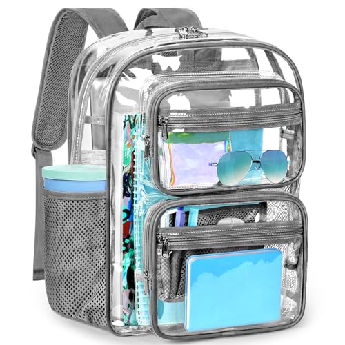 ZORFIN Heavy-Duty Clear Backpack for School and Work, Large Transparent Bag with Reinforced Straps - color: Grey, size: Large