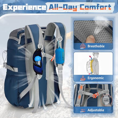 RAINSMORE Foldable Hiking Backpack for Women Men Packable Camping Backpack 40L Waterproof Hiking Daypack Bag Lightweight Collapsible Daypack for Travel Trekking Mountaineering Large Capacity Blue - color: Dark Blue and Grey