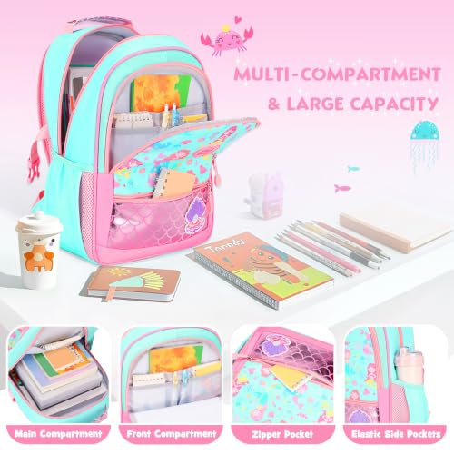Kids Backpack for Girls 5-8, 4PCS Toddler Backpack with 13oz Kids Insulated Water Bottle, Lunch Box and Pencil Case, Girls Bookbag Schoolbag for Primary Kindergarten Elementary School - color: Green Mermaid