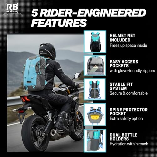 riderbag Reflective Motorcycle Backpack, Hi Viz Commuter Riding Bag | Designed by Riders for Everyday Rides with Laptop Compartment and Helmet Net. Built to Help You Be Seen. - color: Light Blue