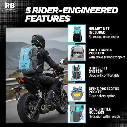 riderbag Reflective Motorcycle Backpack, Hi Viz Commuter Riding Bag | Designed by Riders for Everyday Rides with Laptop Compartment and Helmet Net. Built to Help You Be Seen. - color: Light Blue