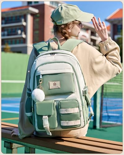 Hidds Laptop Backpack For College Women Elementary Middle High School Bag Teen Girls Bookbag Travel Daypack Backpacks (Green Beige) - color: Green Beige